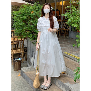 Đầm maxi tay ngắn dáng dài dễ thương, váy maxi trắng tay ngắn thời trang mùa xuân Hàn Quốc 8878