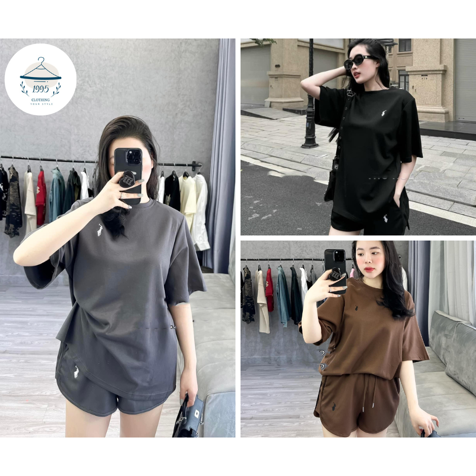 Set Bộ Ngựa Thêu Logo Áo Phông Trơn Mix Quần Sooc Vạt Bầu Bo Viền