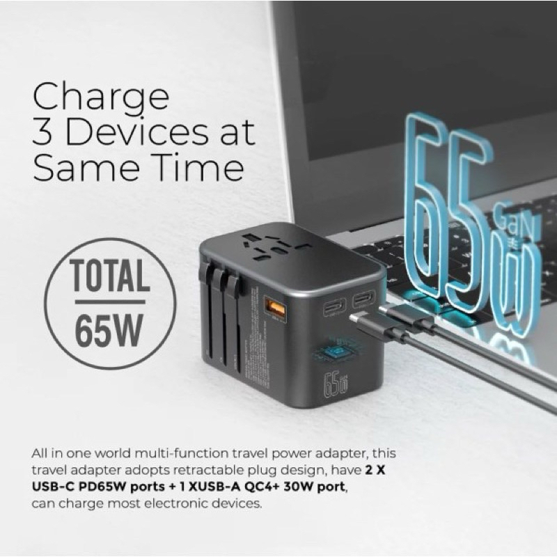 (BH 2 Năm) Củ Sạc Mazer Infinite WORLD Travel GaN 65W PD Travel Charger - Chính Hãng