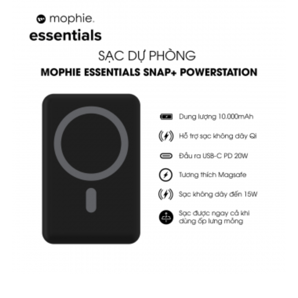 Sạc dự phòng Mophie Essentials 10.000mAh, 20.000mAh/3.7V PD20W 2 USB-A 1 USB-C