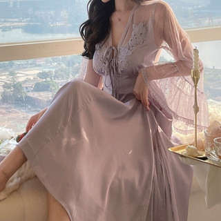 Váy ngủ lụa nữ tím mặc nhà tay ren quảng châu