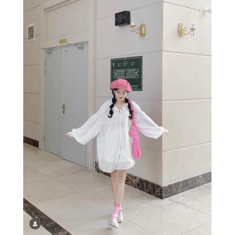 ĐẦM BABYDOLL TAY PHỒNG CỔ V