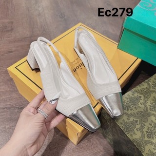 Dép sandal cao gót mũi bạc phối lụa sần gót vuông 5cm