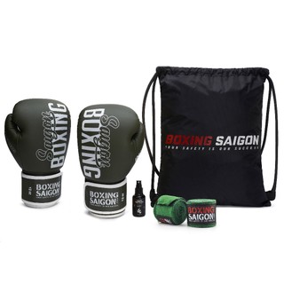 Combo Găng Tay Boxing Saigon 1.0 + Băng Quấn Tay 4m5 (tặng túi rút & xịt) - Khaki