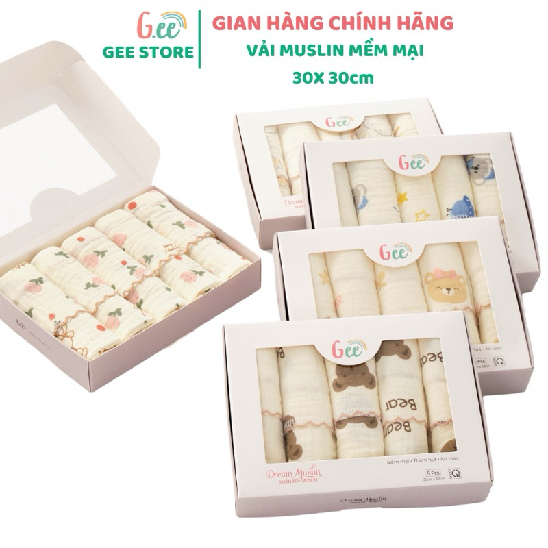 Hộp 5 Khăn Xô Sữa Muslin Gee 2 Lớp Họa Tiết Dễ Thương, ,Mềm Mịn, Thấm Hút Cho Bé KT 30x30cm