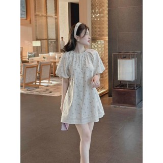 Đầm baby doll fom rộng thời trang bánh bèo chất xước gân in bông có lót mix lai ren váy
