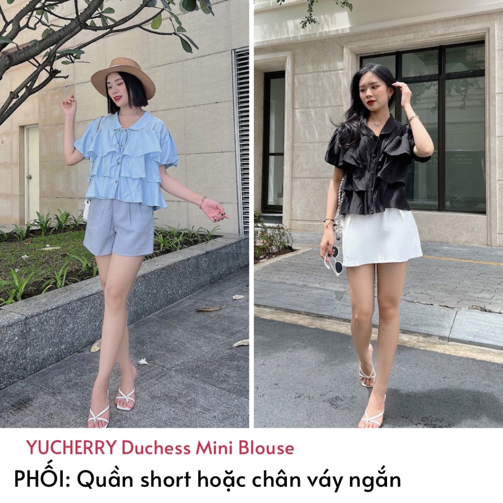 YU CHERRY | Áo nữ chất vải tơ mịn, nhiều tầng có dây nơ cổ, Duchess Mini Blouse YA424