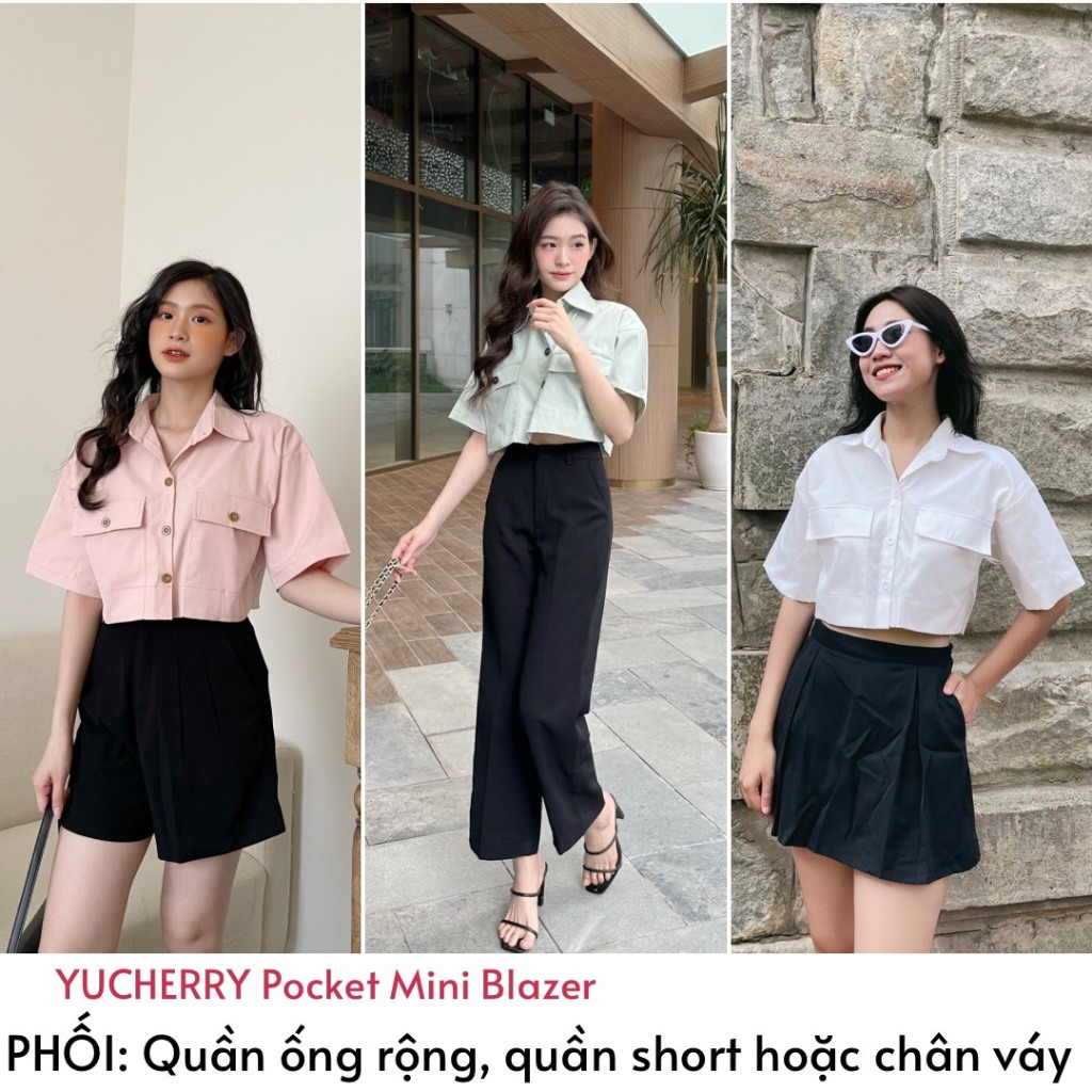 YU CHERRY | Áo nữ croptop có túi trước ngực sành điệu, có thể khoác như mini blazer, Pocket Mini Blazer YA423