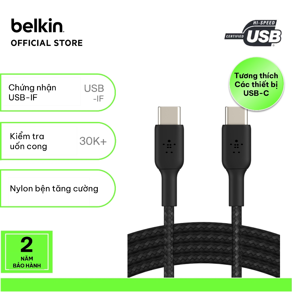 Cáp sạc nhanh USB Type C to C BOOST↑CHARGE™ Belkin vỏ dù, 1 mét, 60W (tương thích iPhone 15)