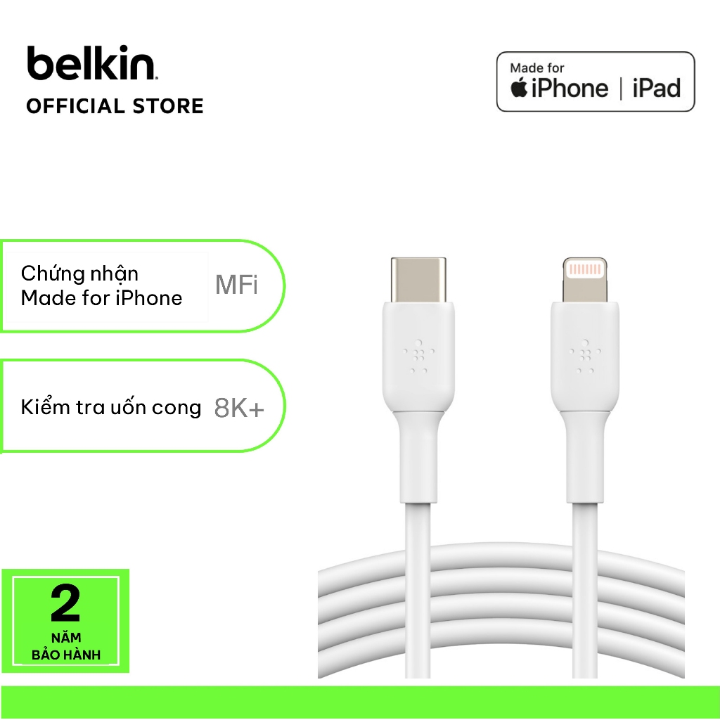 Cáp sạc nhanh USB-C to Lightning BOOST CHARGE Belkin 30W vỏ nhựa, chứng chỉ MFi - Hàng chính hãng