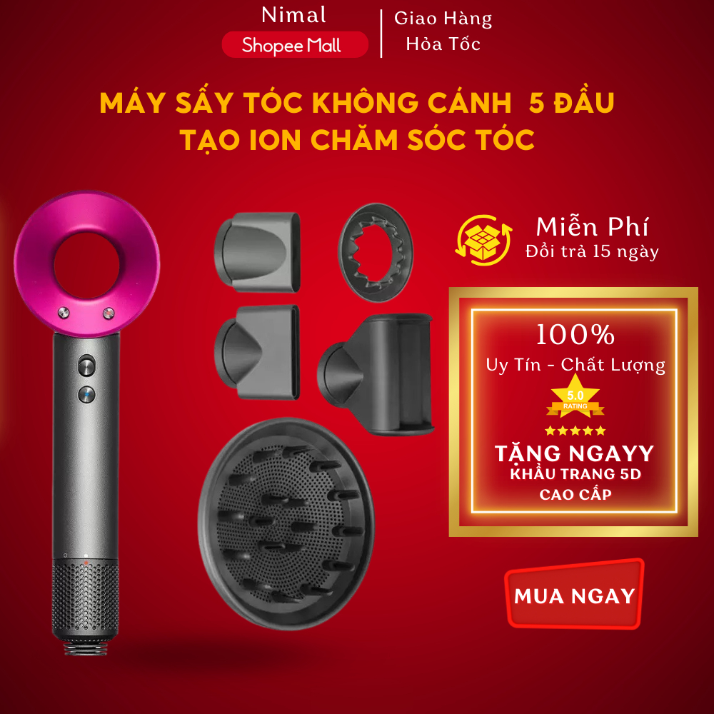 Máy Sấy Tóc Không Cánh Tạo Ion Âm Giúp Chắc Khỏe Đến Từng Sợi Tóc Tặng 5 Đầu Sấy Cho Từng Loại Tóc Nimal Store