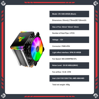 Tản Nhiệt Khí, Tản Nhiệt CPU Jonsbo CR1400 ARGB Black. Phiên bản màu đen đồng bộ Main/Hub