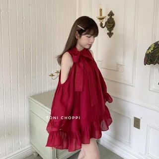 Đầm tiểu thư nữ, đầm đỏ babydoll hở vai cổ yếm cột nơ cổ tay dài dáng xèo bèo đi chơi, đi biển xinh xắn mtb
