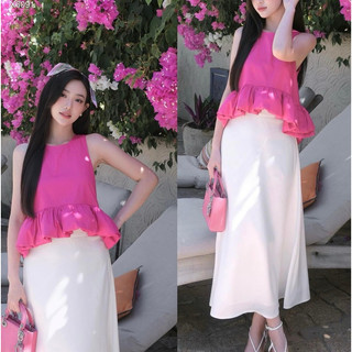 Đầm Maxi Dáng Dài Đi Biển, Váy Áo PepLum Hồng Sát Nách Kèm Chân Váy Midi Dáng Dài Xòe  Thiết Kế 2 Lớp Đi Tiệc Đi Biển
