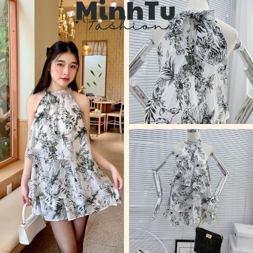 Set Váy Nữ Tơ Nơ Đen Áo Yếm Đi Biển Sang Chảnh, Đầm Maxi Đi Biển Cổ Yếm Váy Xòe Dáng Dài Chất Jean Thiết Kế