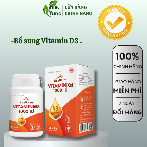 Hộp 60 viên viên uống Healthza Vitamin D3 viên uống tăng cường canxi cho trẻ, bổ sung vitamin