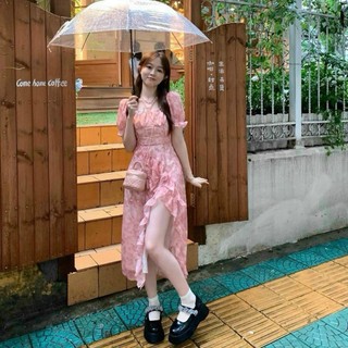 Đầm váy thời trang nữ đi biểnđi chơi,đầm maxi voan in hoa hồng cổ vuôg nhún bèo ngực có mút xẻ tà dáng dài midi bánh bèo