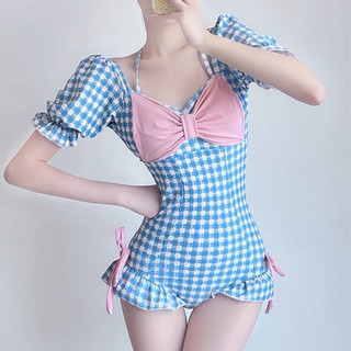 Bikini caro màu xanh cổ nơ đáng yêu, đồ bơi hở lưng tay bồng tôn dáng kín đáo