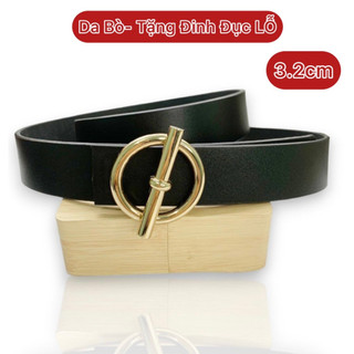 Thắt lưng dây nịt nam mặt o xiên tròn vàng trắng hàng nhập cao cấp 3.2cm HS02