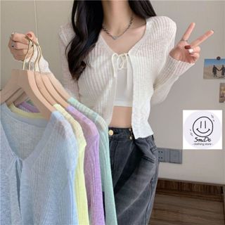 Áo Khoác Cardigan Len Dệt Kim Mỏng, Áo Khoác Mỏng Dáng Lỡ Tay Dài Cổ V Phối Cột Nơ Kiểu Phong Cách Hàn Quốc Smide