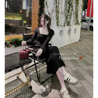 Đầm body nữ 2 dây dáng dài cổ vuông tay dài (chất tăm gân) tôn dáng sang trọng