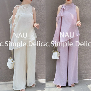 Set voan thô áo lệch vai quần ống rộng