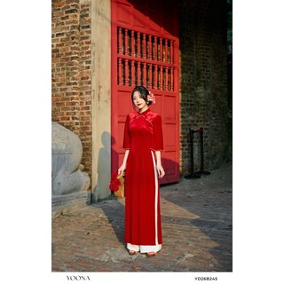 Bộ áo dài thiết kế dáng tay ngắn chất nhung the màu đỏ đô YOONA - YD26B245