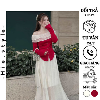 Set áo trễ vai đỏ len tăm mix chân váy xoè Bridgerton group phối tơ nhăn tầng hot trend 2024