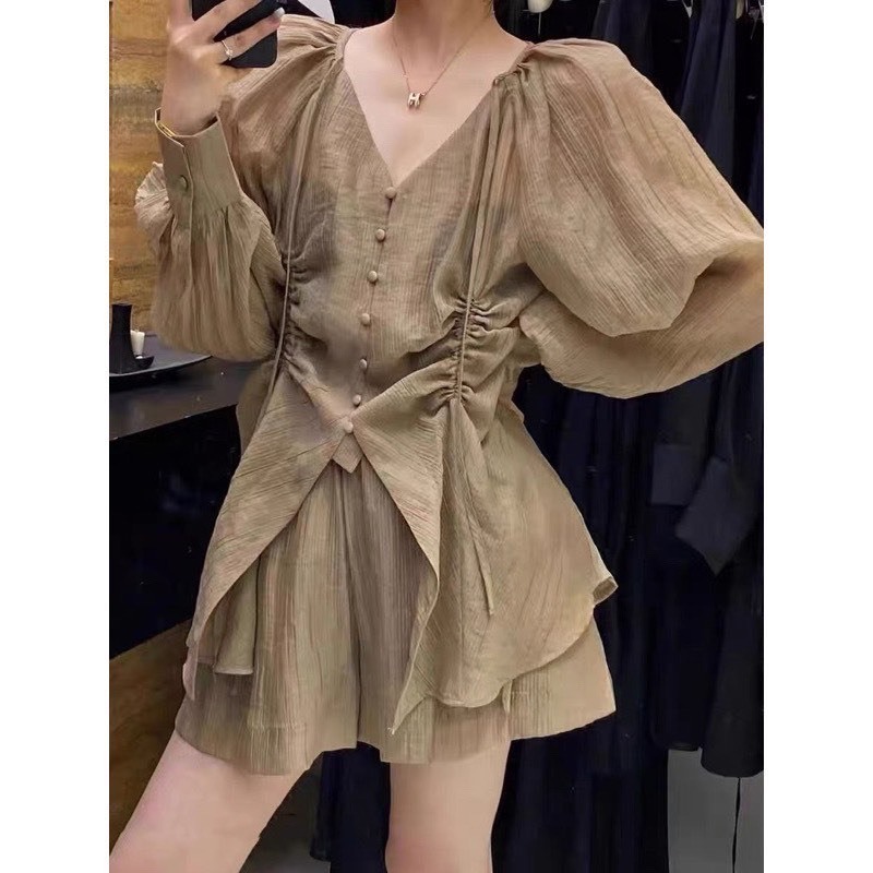 Set bộ đồ nữ đũi gân áo rúm eo cúc bọc phối quần váy xòe tiểu thư set bộ tiểu thư sang chảnh B340 SUTANO | BigBuy360 - bigbuy360.vn