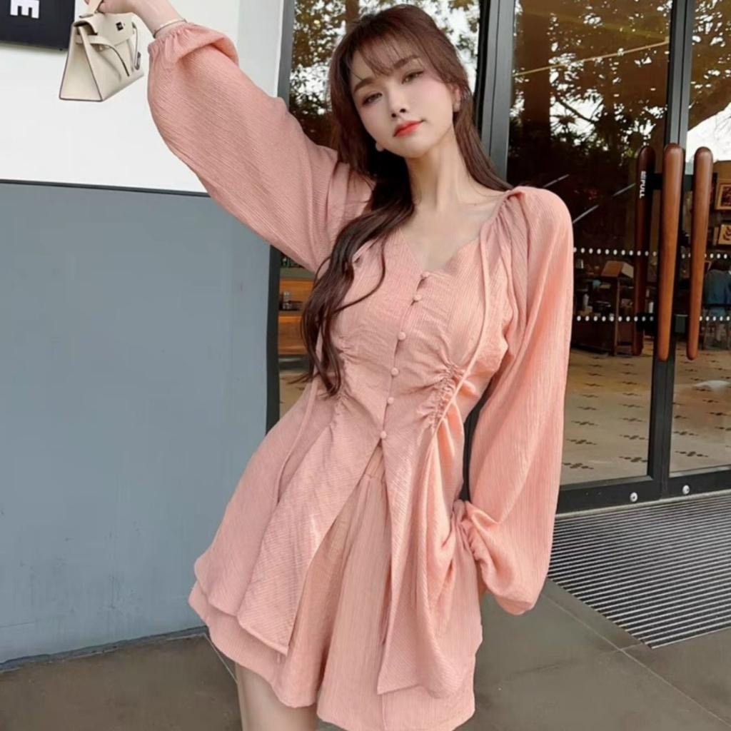 Set bộ đồ nữ đũi gân áo rúm eo cúc bọc phối quần váy xòe tiểu thư set bộ tiểu thư sang chảnh B340 SUTANO | BigBuy360 - bigbuy360.vn