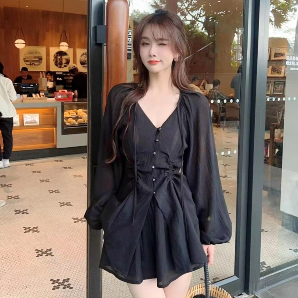 Set bộ đồ nữ đũi gân áo rúm eo cúc bọc phối quần váy xòe tiểu thư set bộ tiểu thư sang chảnh B340 SUTANO | BigBuy360 - bigbuy360.vn