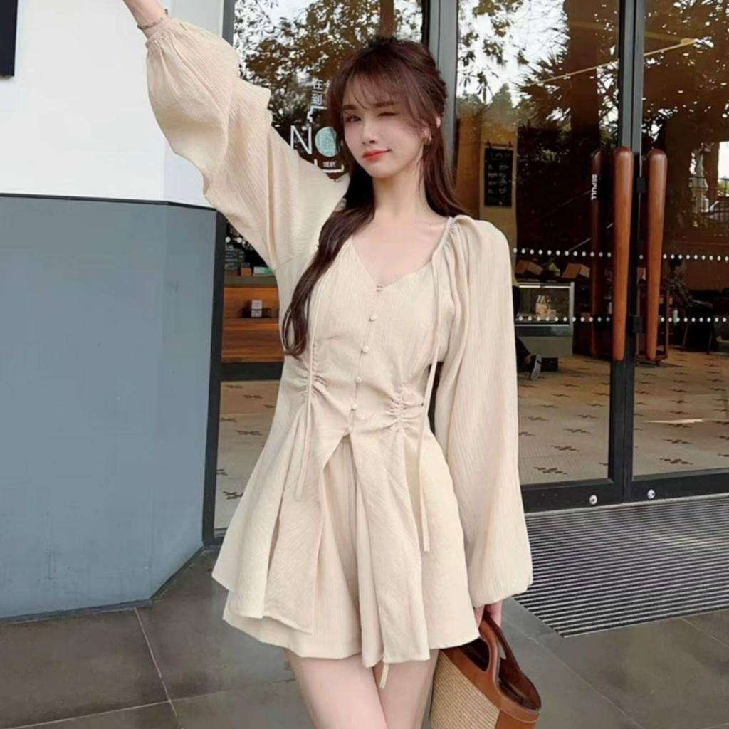 Set bộ đồ nữ đũi gân áo rúm eo cúc bọc phối quần váy xòe tiểu thư set bộ tiểu thư sang chảnh B340 SUTANO | BigBuy360 - bigbuy360.vn