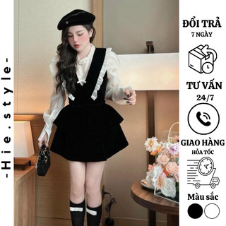 Set yếm nhung tầng dáng xoè mix áo tơ tay bồng  Bridgerton group siêu xinh kèm ảnh thật