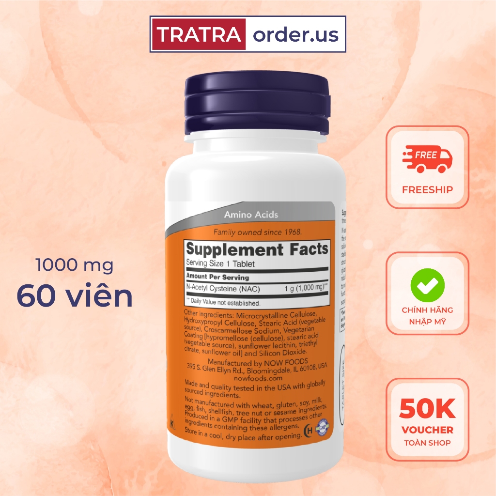 Viên uống NAC Now 600mg - 1000mg giải độc gan [Đủ bill Mỹ]