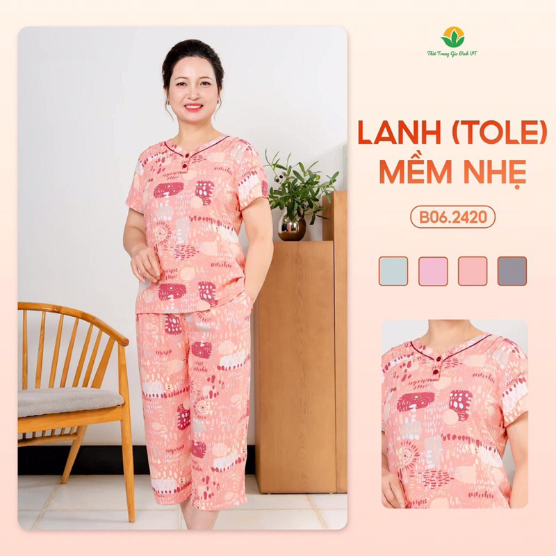 Bộ đồ lanh nữ trung niên Việt Thắng, quần lửng dài, áo cộc tay - B06.2420
