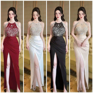 Đầm body yếm dài sẽ tà đá rớt vai dự tiệc