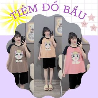 ĐỒ BỘ BẦU V323 CHẤT COTTON CO DÃN HỌA TIẾT MÈO DỄ THƯƠNG CHO MẸ