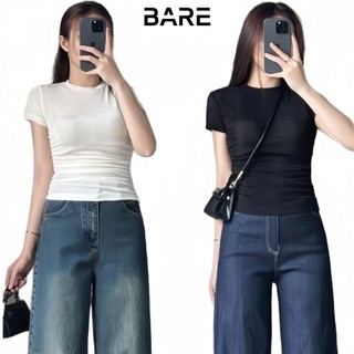 BARETOPTOP_Áo thun nữ cổ tròn tay ngắn chất nhũ mềm mịn (có may lót trong) thiết kế nhún sườn tôn dáng - A274