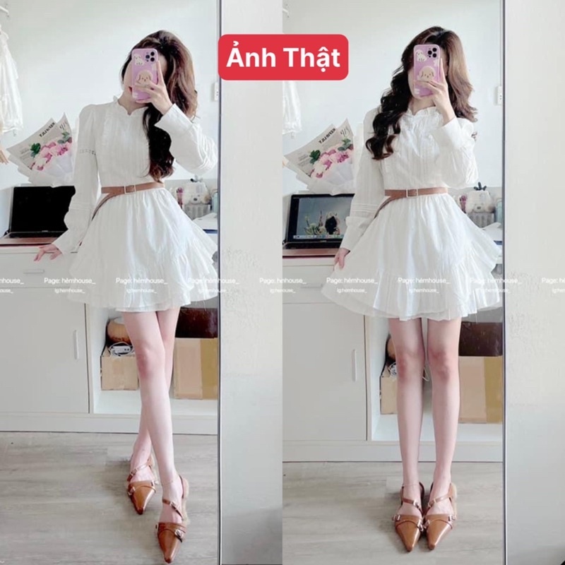 Váy Nữ, Váy Thô Ren Trắng Kèm Đai Dáng Xoè Có Lót phong Cách Tiểu Thư Siêu Xinh