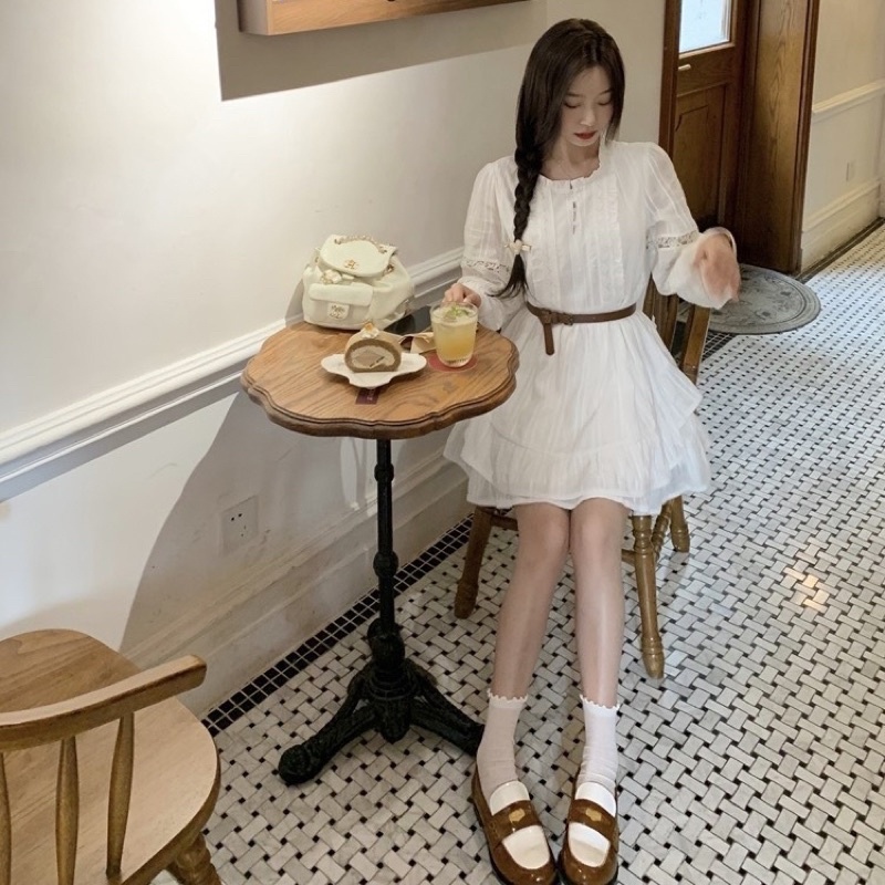 Váy Nữ, Váy Thô Ren Trắng Kèm Đai Dáng Xoè Có Lót phong Cách Tiểu Thư Siêu Xinh | BigBuy360 - bigbuy360.vn