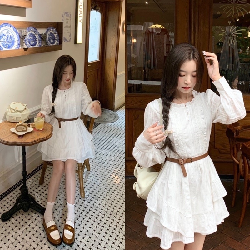Váy Nữ, Váy Thô Ren Trắng Kèm Đai Dáng Xoè Có Lót phong Cách Tiểu Thư Siêu Xinh | BigBuy360 - bigbuy360.vn
