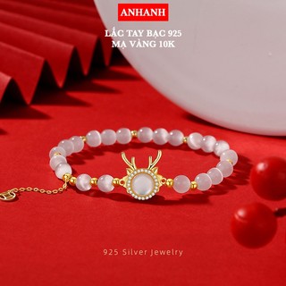  Lắc Tay bạc 925 mạ vàng 14k mix đá mắt mèo và ngọc bích hòa điền - LAC005