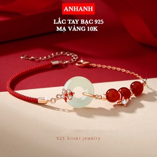  Lắc Tay bạc 925 mạ vàng 14k mix đá mã não đỏ và đá thạch bích, chỉ đỏ cầu may - LAC005