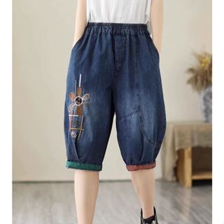  Quần lửng bò nữ vải jean mềm,không phai màu hình thêu 100%  JNT4 TK010,dáng rộng cạp chun thoải mái bigsize 40-90kg 