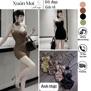 Đầm body cổ yếm hoa hồng khoét eo khoe dáng nhún sườn che bụng sẵn mút siêu đẹp
