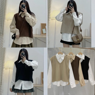 [SHOPPUMI]Áo sơ mi trơn vạt bầu kèm áo gile len tăm freesize Pumi 15674