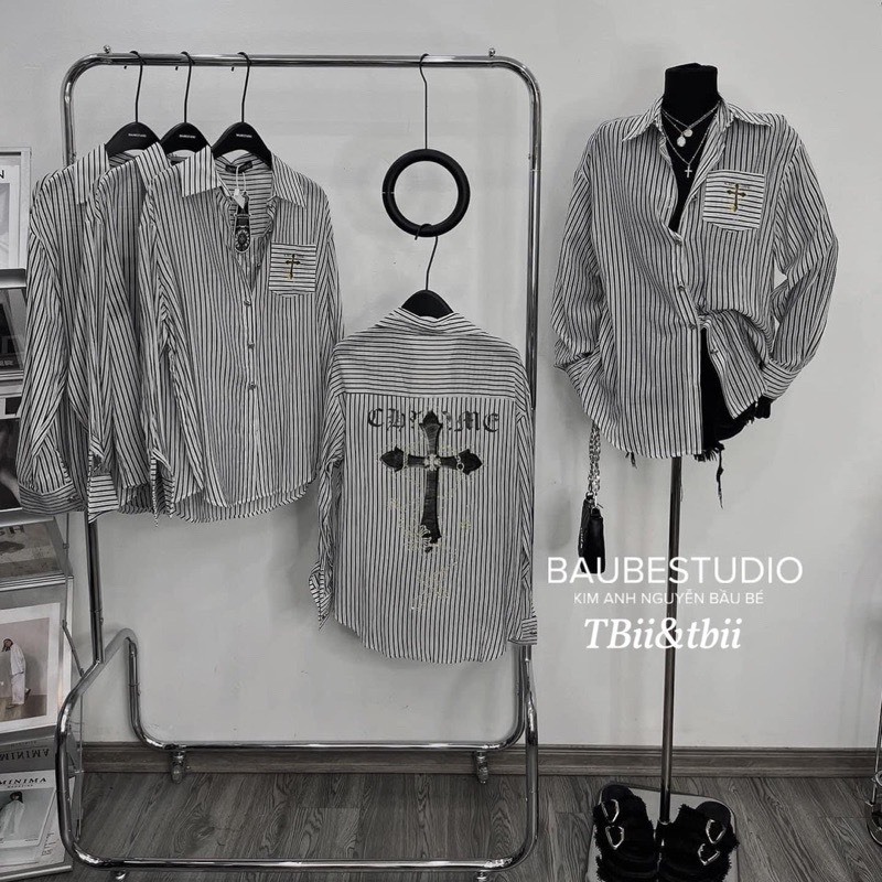 Áo Sơ Mi Nữ Chữ Thập Kẻ Sọc Đen Dáng Rộng Unisex Thoáng Mát | BigBuy360 - bigbuy360.vn