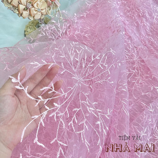 1m vải lưới tutu cứng thêu nhánh cây màu hồng phấn đậm + kèm vải lót lụa