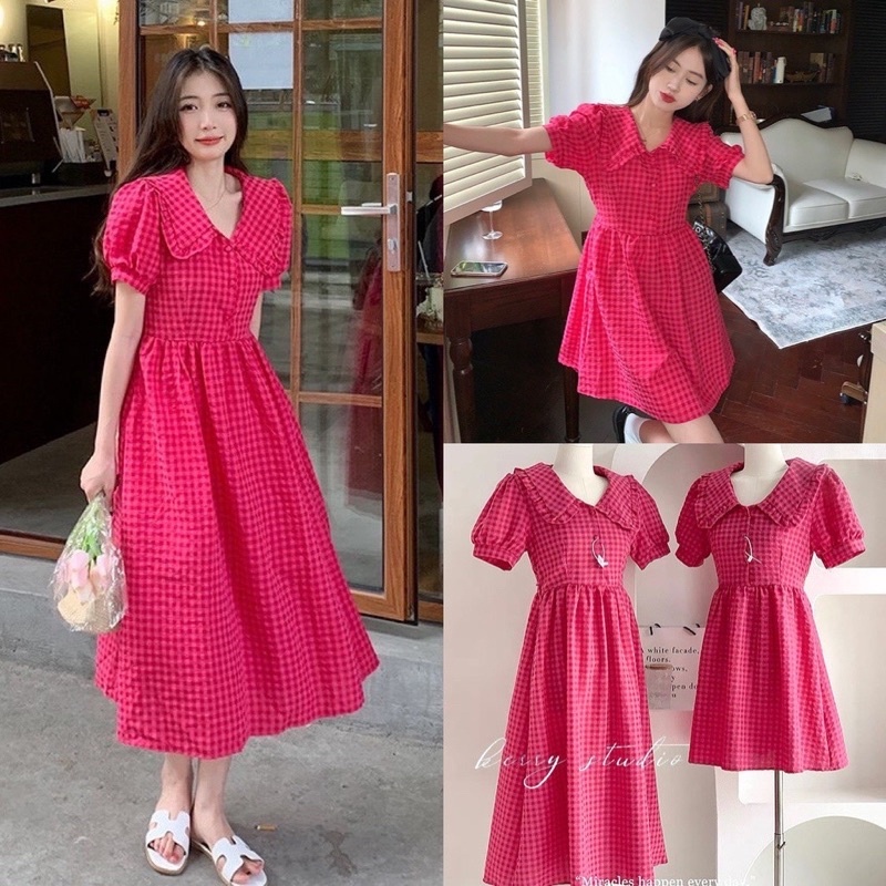 Váy Nữ, Váy Babydoll Kẻ Hồng Cổ Sen Bèo Phối Tay Phồng Phông Cách Thiểu Thư Siêu Xinh 39