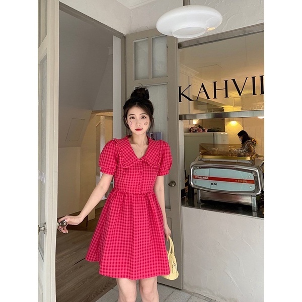 Váy Nữ, Váy Babydoll Kẻ Hồng Cổ Sen Bèo Phối Tay Phồng Phông Cách Thiểu Thư Siêu Xinh 39 | BigBuy360 - bigbuy360.vn